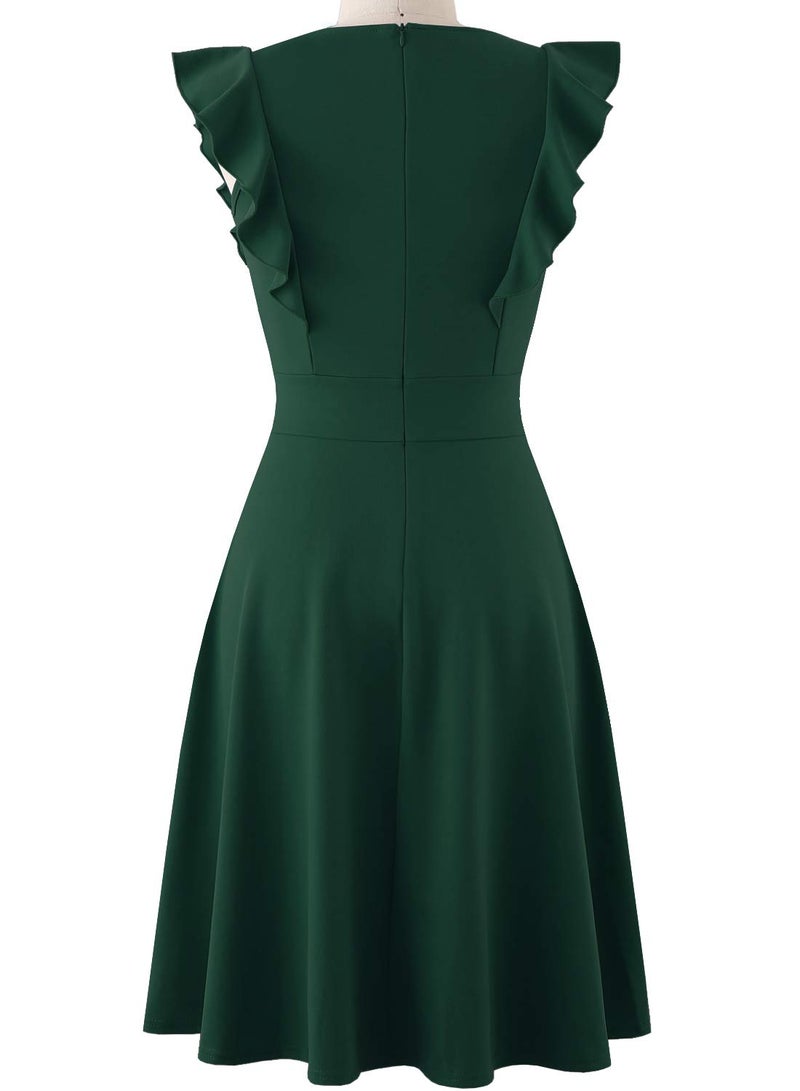 YATHON Women's Vintage Ruffle Floral Flared A Line Swing Casual Cocktail Party Dresses (XL, YT001-Dark Green) - Image 3